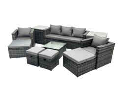 Fimous 9 Seater Patio Lounge Sofa Set with 2 Side Tables 4 Footstool in Dark Grey - thumbnail 2