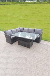 Fimous High Back Corner Rattan Sofa Dining Rising Table Height Adjustable 6 Seater in Dark Grey