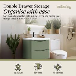 Balterley Wall Hung 2 Drawer Bathroom Vanity Unit & Basin, Satin Green, 550mm in Green - thumbnail 2