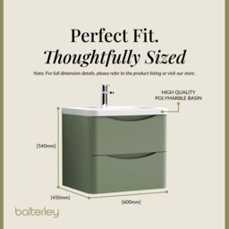 Balterley Wall Hung 2 Drawer Bathroom Vanity Unit & Basin, Satin Green, 550mm in Green - thumbnail 5