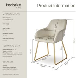 tectake Dining Chair Jeane Per Piece - Velvet Look Cream/Gold in Cream - Size: 1 Pack - thumbnail 6