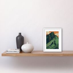 "Artery8 Wall Art Print Hiking the Striding Edge Orange & Green Linocut Artwork Framed 9X7 Inch in White - Size: W7"" x H9""" - thumbnail 2