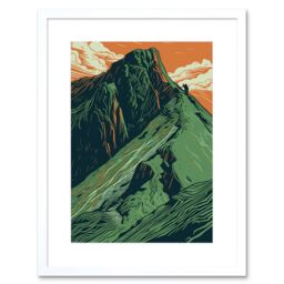 "Artery8 Wall Art Print Hiking the Striding Edge Orange & Green Linocut Artwork Framed 9X7 Inch in White - Size: W7"" x H9""" - thumbnail 1