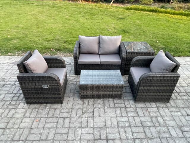 Fimous 5 PC Outdoor PE Rattan Garden Furniture Set Wicker Love Sofa Coffee Table 2 Armchair Side Table Dark Grey Mixed - image 1