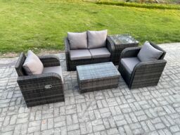 Fimous 5 PC Outdoor PE Rattan Garden Furniture Set Wicker Love Sofa Coffee Table 2 Armchair Side Table Dark Grey Mixed - thumbnail 2