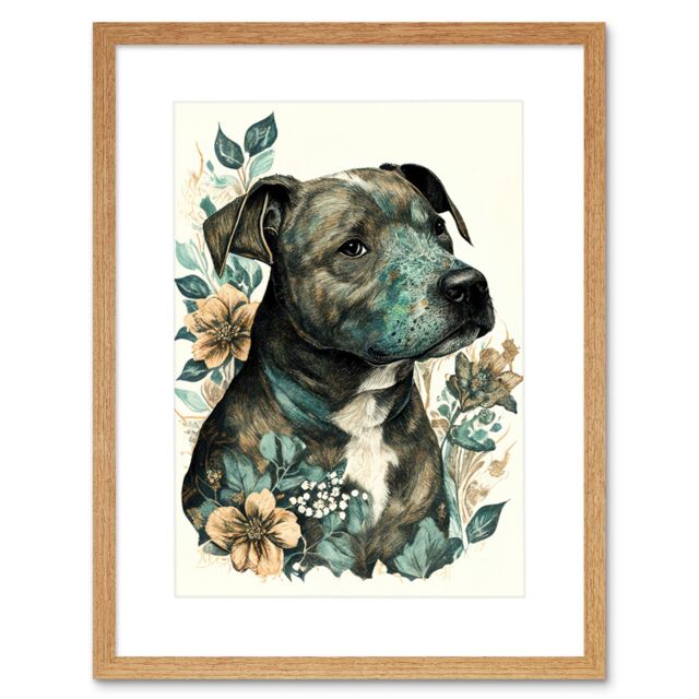 "Artery8 Wall Art Print Black Staffordshire Bull Terrier & Flowers Detailed Coloured Pencil Portrait Artwork Framed 9X7 Inch in Beige - Size: W7"" x H9""" - image 1
