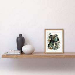 "Artery8 Wall Art Print Black Staffordshire Bull Terrier & Flowers Detailed Coloured Pencil Portrait Artwork Framed 9X7 Inch in Beige - Size: W7"" x H9""" - thumbnail 2