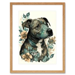 "Artery8 Wall Art Print Black Staffordshire Bull Terrier & Flowers Detailed Coloured Pencil Portrait Artwork Framed 9X7 Inch in Beige - Size: W7"" x H9""" - thumbnail 1