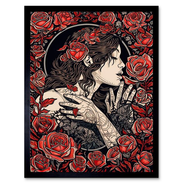 "Artery8 Wall Art Print Kiss from a Rose Red & Black Floral Art Framed - Size: W12"" x H16""" - image 1