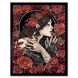 "Artery8 Wall Art Print Kiss from a Rose Red & Black Floral Art Framed - Size: W12"" x H16""" - thumbnail 1