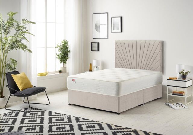 Somnior Platinum Ortho Sprung Memory Foam Mattress with Divan Bed with Headboard Plush Fabric in Stone - Size: Double - image 1
