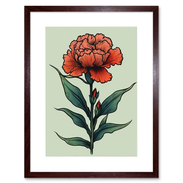 "Artery8 Wall Art Print Carnation Old School Flower Tattoo Ink Body Art Rockabilly Americana 50s Artwork Framed 9X7 Inch in Brown - Size: W7"" x H9""" - image 1
