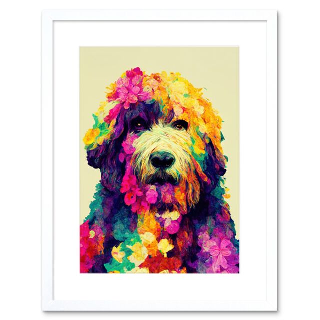 "Artery8 Wall Art Print Colourful Vibrant Floral Labradoodle Dog Abstract Portrait Artwork Framed 9X7 Inch in White - Size: W7"" x H9""" - image 1