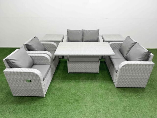 Fimous 6 Seater Outdoor Reclining Chair Love Sofa Set Rattan Garden Furniture Set w/ Adjustable Lifting Dining or Coffee Table 2 Side Tables Light - image 1