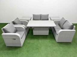 Fimous 6 Seater Outdoor Reclining Chair Love Sofa Set Rattan Garden Furniture Set w/ Adjustable Lifting Dining or Coffee Table 2 Side Tables Light - thumbnail 1