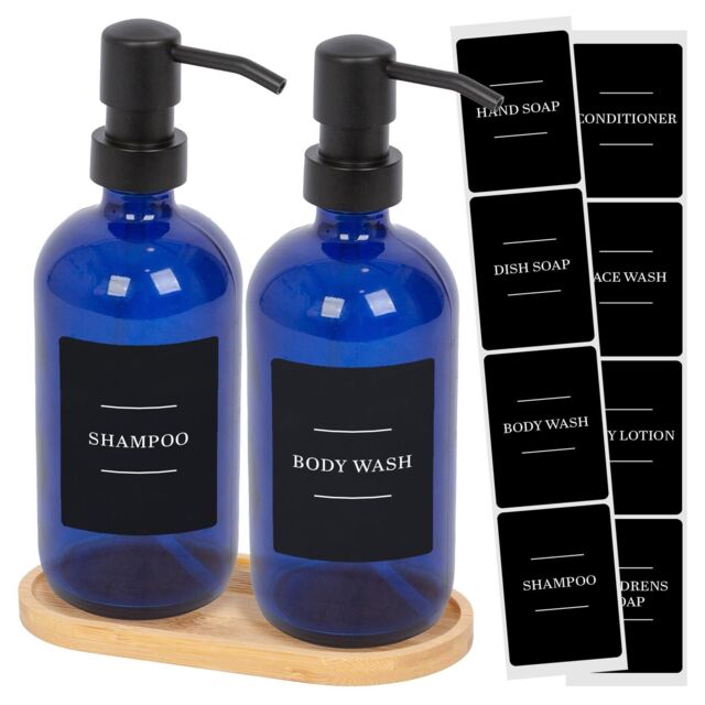 Harbour Housewares 2pc Glass Soap Dispenser Set with Bamboo Tray & Labels in Blue - image 1