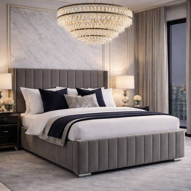 Harmin Luxury 4ft6 Double sized Steel Plush Velvet Ottoman Winged bed in Dark Grey - Size: EU Double - image 1