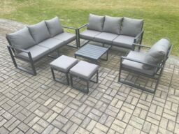 Fimous Aluminium 9 Seater Outdoor Garden Furniture Lounge Sofa Set with Square Coffee Table Chair 2 Small Footstools Dark Grey - thumbnail 2
