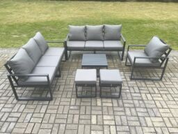 Fimous Aluminium 9 Seater Outdoor Garden Furniture Lounge Sofa Set with Square Coffee Table Chair 2 Small Footstools Dark Grey - thumbnail 1