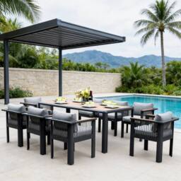 MIMO Outdoor Garden Aluminum Dining Table Set, 8 Chairs with Teak Armrests in Grey - Size: 1 Pack - thumbnail 1