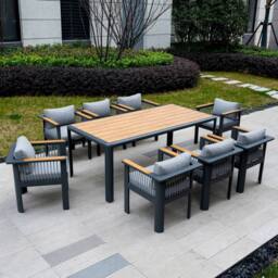 MIMO Outdoor Garden Aluminum Dining Table Set, 8 Chairs with Teak Armrests in Grey - Size: 1 Pack - thumbnail 9