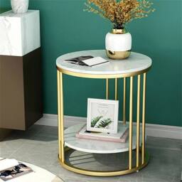 VOGREX Round Marble Side Table Sofa End Table with 2 Tier Storage Shelf in Gold - thumbnail 4