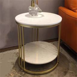 VOGREX Round Marble Side Table Sofa End Table with 2 Tier Storage Shelf in Gold