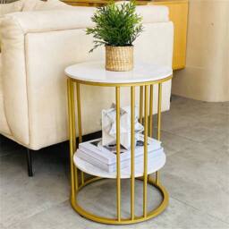 VOGREX Round Marble Side Table Sofa End Table with 2 Tier Storage Shelf in Gold - thumbnail 3