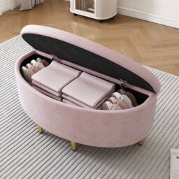 Merax 3ft Single Velvet Upholstered Bed with Shell Headboard & Storage Bench in Pink - thumbnail 2