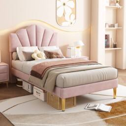 Merax 3ft Single Velvet Upholstered Bed with Shell Headboard & Storage Bench in Pink - thumbnail 4