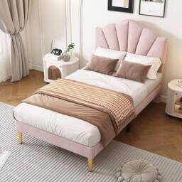Merax 3ft Single Velvet Upholstered Bed with Shell Headboard & Storage Bench in Pink - thumbnail 7