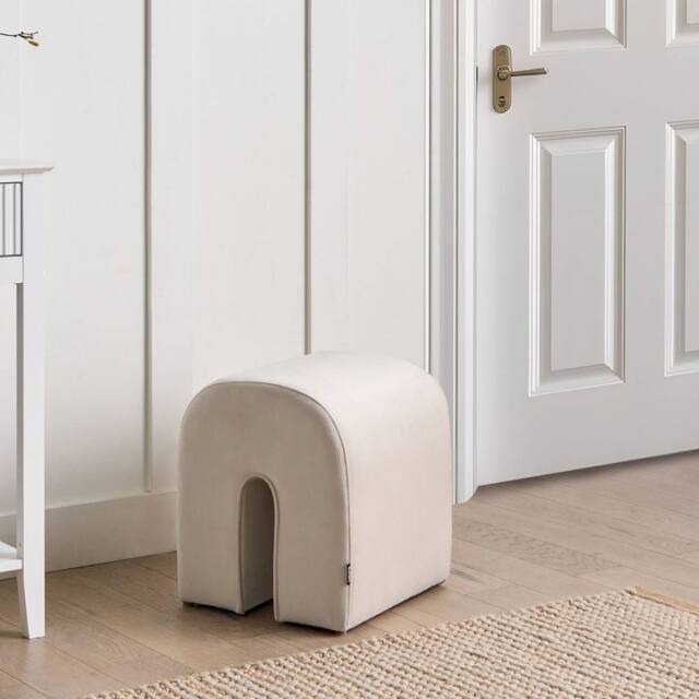 Wyld and Coco Beige Velvet U Shaped Pouffe Ottoman Pine Core Modern Living Room - image 1