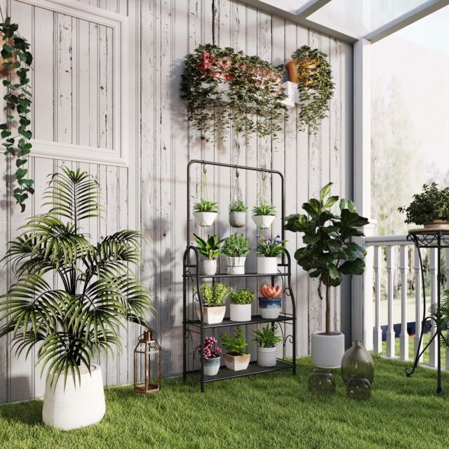 OUTSUNNY 3 Tier Plant Stand w/ Hanging Hooks for Balcony Living Room, Black - image 1