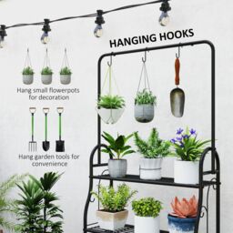 OUTSUNNY 3 Tier Plant Stand w/ Hanging Hooks for Balcony Living Room, Black - thumbnail 5