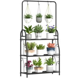 OUTSUNNY 3 Tier Plant Stand w/ Hanging Hooks for Balcony Living Room, Black - thumbnail 2
