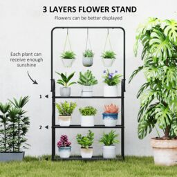 OUTSUNNY 3 Tier Plant Stand w/ Hanging Hooks for Balcony Living Room, Black - thumbnail 4