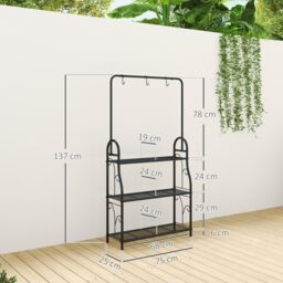 OUTSUNNY 3 Tier Plant Stand w/ Hanging Hooks for Balcony Living Room, Black - thumbnail 3