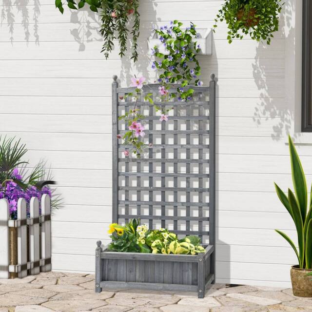 OUTSUNNY Raised Garden Bed with Trellis Garden Planters Indoor Grey - image 1