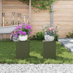 Berkfield Home Outdoor Plant Stands Pillar 2 pcs Olive Green 24x24x35 cm Steel - Size: 24 x 24 x 35 cm - thumbnail 4