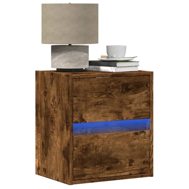 Berkfield Home Wall-mounted Bedside Cabinet with LED Lights Smoked Oak in Brown - image 1