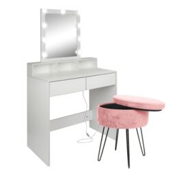 Harbour Housewares Wooden Dressing Table Set with LED Lights & Stool in Pink - thumbnail 1