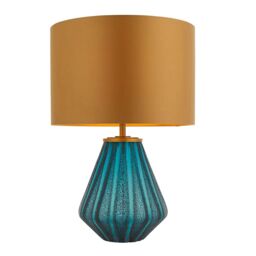 Loops Turqoise Glass Base Table Lamp Light & Gold Fabric Shade - Black Textured Detail