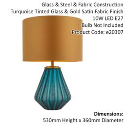 Loops Turqoise Glass Base Table Lamp Light & Gold Fabric Shade - Black Textured Detail - thumbnail 2