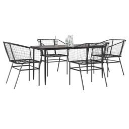 Berkfield Home 5 Piece Garden Dining Set Black Poly Rattan Glass - thumbnail 2