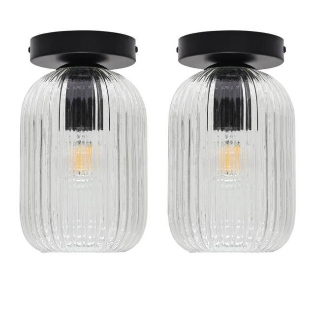 First Choice Lighting Set of 2 Batley - Clear Ribbed Glass Black Ceiling Light Fittings