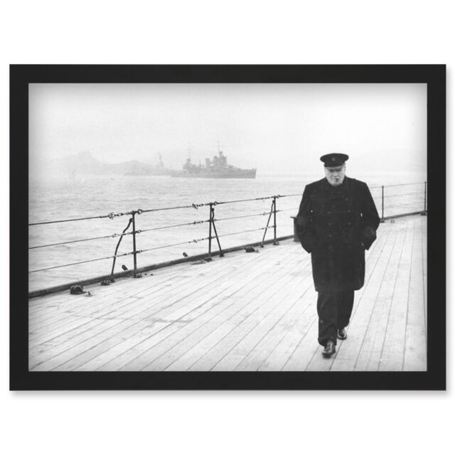 Artery8 Vintage Photo War World WW2 Prime Minister Winston Churchill Deck Ship UK Britain Artwork Framed Wall Art Print A4 in Black - image 1