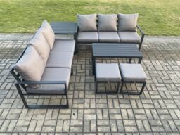 Fimous Aluminium Patio Outdoor Garden Furniture Lounge Sofa Set with Oblong Coffee Table 2 Small Footstools Side Table Dark Grey - thumbnail 1