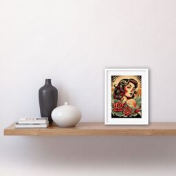 "Artery8 Wall Art Print Pin Up Roses Retro Tattoo Ink Body Art Rockabilly Americana 50s Artwork Framed 9X7 Inch in White - Size: W7"" x H9""" - thumbnail 2