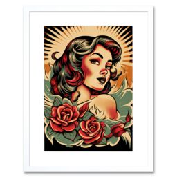 "Artery8 Wall Art Print Pin Up Roses Retro Tattoo Ink Body Art Rockabilly Americana 50s Artwork Framed 9X7 Inch in White - Size: W7"" x H9""" - thumbnail 1