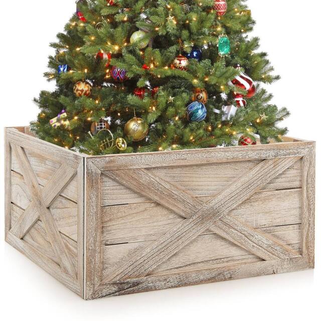 Gymax 100% Solid Wood Vintage Christmas Tree Collar Box Christmas Tree Skirt in Light Brown - image 1